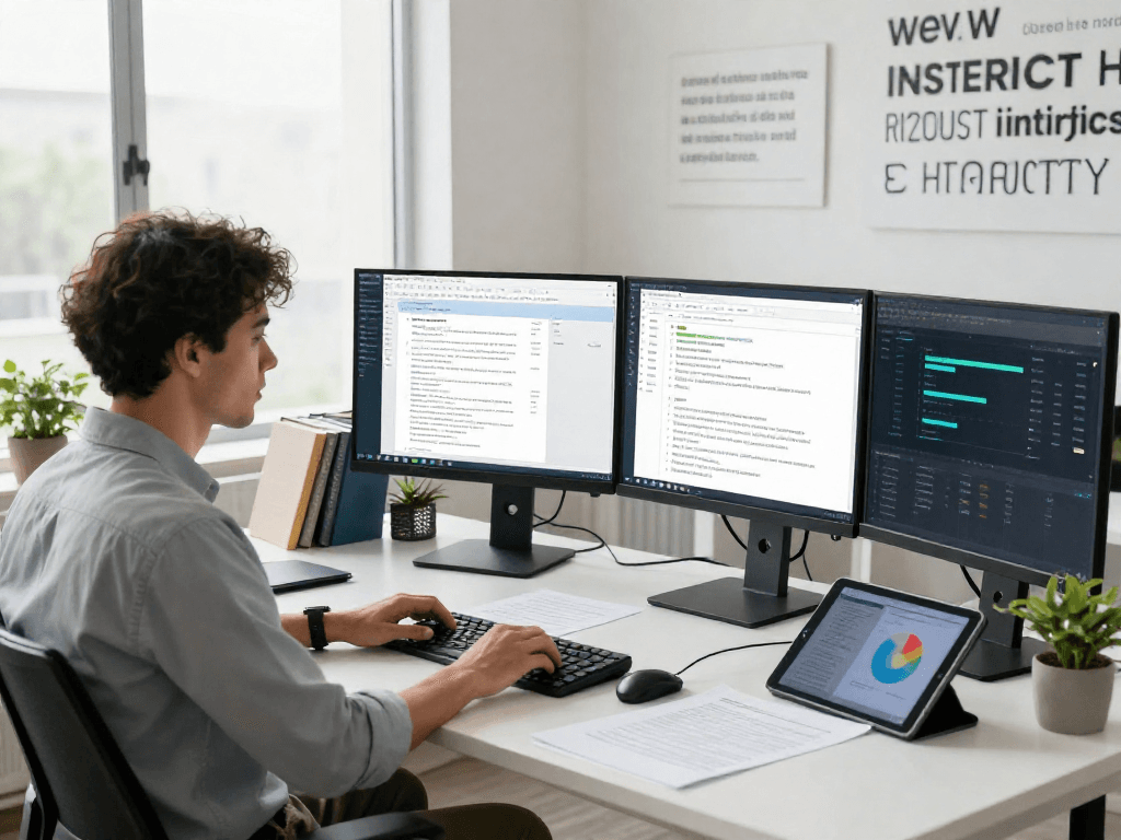 Data analyst conducting document fraud detection analysis in a modern office environment with multiple monitors and AI-driven reports.
