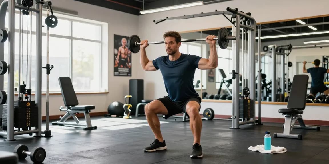 Medi Pharma Steroid Shop: Aktiver Mann beim Gewichtheben im Fitnessstudio mit motivierenden Elementen.