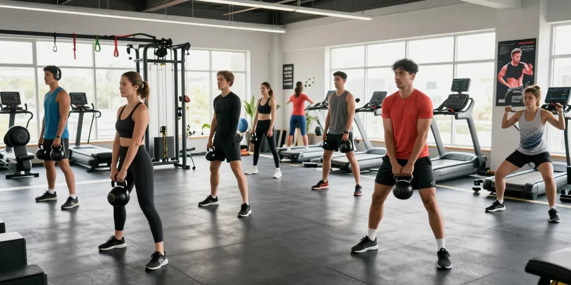 Selliza Pharma Shop in use: Vielfältige Fitnessaktivitäten im modernen Studio mit motivierten Sportlern.