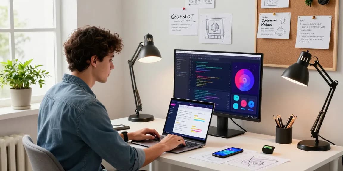 Pengusaha muda merancang proyek GEGESLOT di kantor rumah modern dengan laptop dan sketsa di sekitarnya.