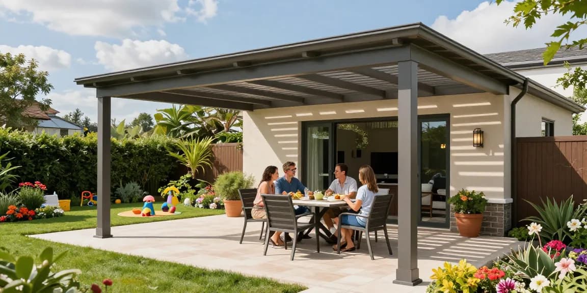 Moderne freistehende Terrassenüberdachung in einem einladenden Garten mit Familie bei sonnigem Wetter.