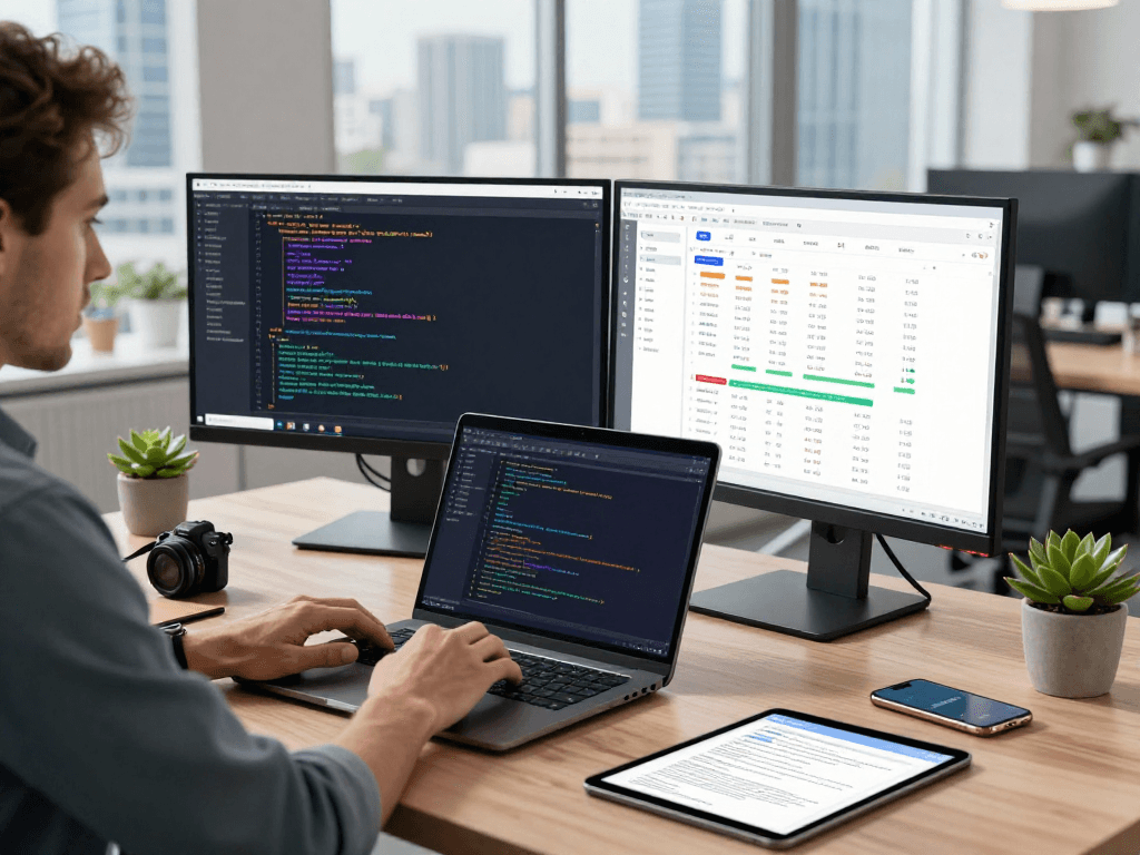Dynamic tech workspace with developer coding on net88 project, dual screens and modern gadgets.