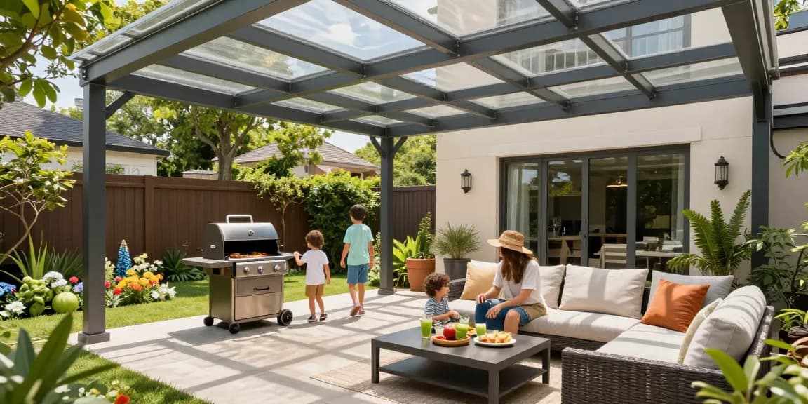 Familie auf der Terrasse unter einer eleganten Terrassenüberdachung, entspannte Atmosphäre im Garten.