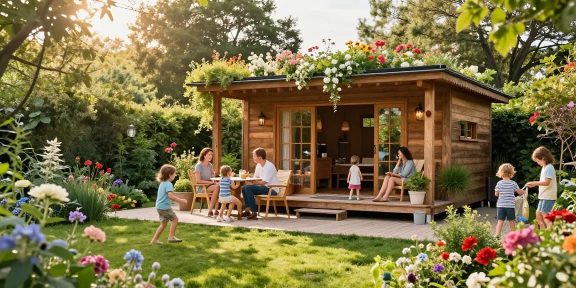 Gartenhaus im sonnigen Garten, umgeben von blühenden Pflanzen und einer einladenden Terrasse.