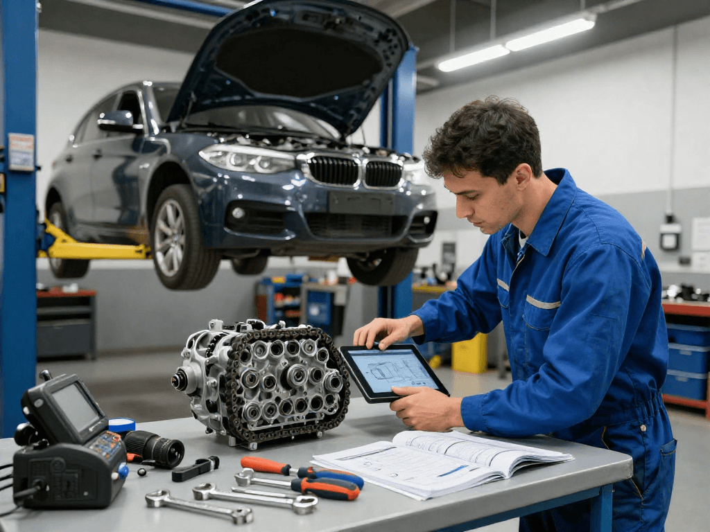 bmw steuerkette wechseln in einer professionellen Werkstatt, Mechaniker mit Tablet bei der Diagnose